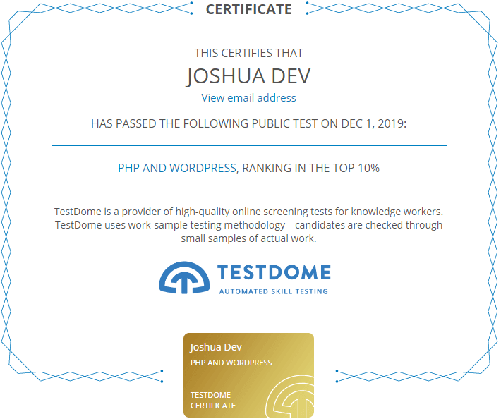 Certificat Joshua Développeur Top 10 Pourcent Expert Wordpress PHP